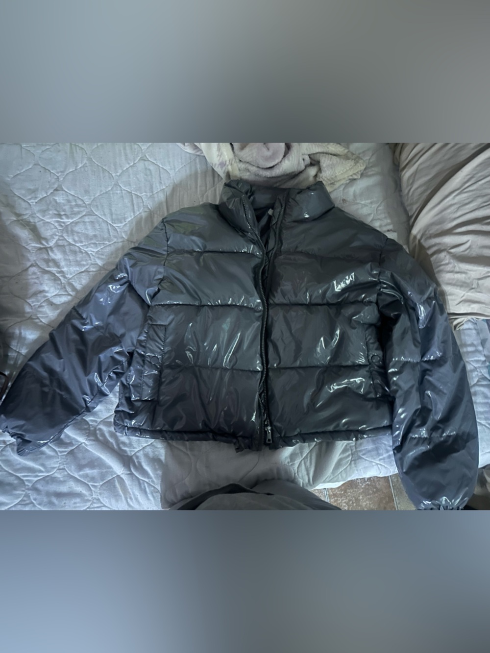 Women's Glossy Puffer Jacket in Charcoal Gray